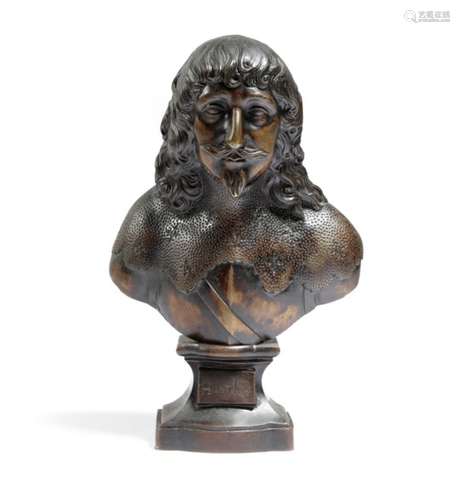 A 19th century bronze bust of George Gordon, 2nd Marquess of Huntly, on a waisted socle,