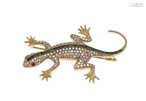 Smaragd-Altschliff-Diamant-Brosche Salamander RG 585/000 (Russland 56 punziert) mitAltschliff-