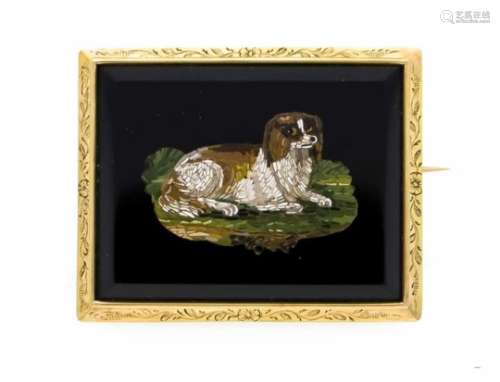 Pietra-Dura-Brosche Hund GG 750/000 rechteckig fac. Onyxplatte 41 x 31 mm mit einer sehrfeinen