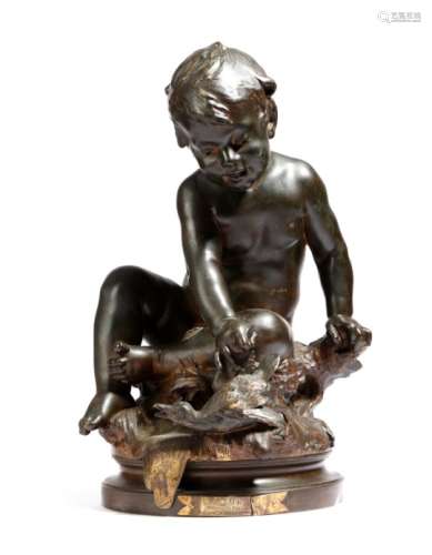 After Auguste Moreau (French 1834-1917). 'L'espiθgle', a bronze group of a young boy with a duck,
