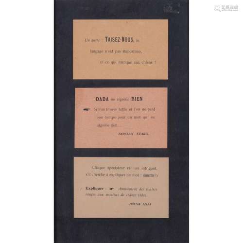 Tristan Tzara (1896-1963), Trois cartes imprimées Dada, 27,5 × 15,5 cm, 6,7 × 10,6 [...]