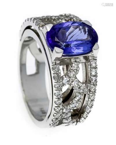 Tansanit-Brillant-Ring WG 585/000 mit einem oval fac. Tansanit 3,80 ct in einemviolettstichigen