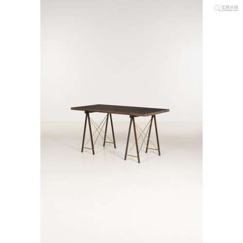 Jules Wabbes (1919-1974), Console tréteau, Bois massif Wengé et laiton, Edition [...]