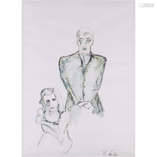 Rebecca Bournigault (née en 1970), Autoportrait et homme menotté, 2001, Aquarelle [...]