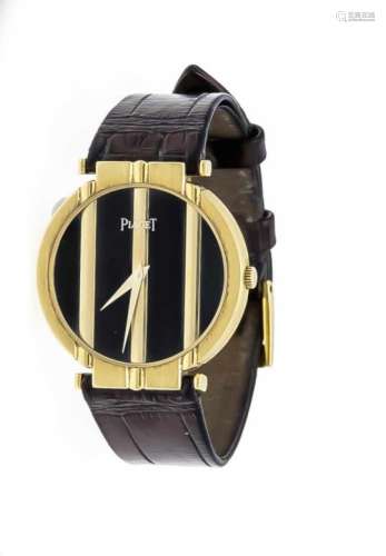 Piaget Herrenuhr GG 750/000 Quartz, Mod. 8673/519070, schwarzes Zifferblatt mit goldenenBalken,