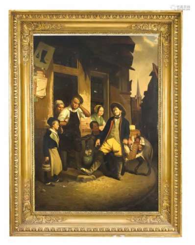 Pistorius, Eduard. 1796 Berlin - 1862 Karlsbad. Der kranke Stiefel. 1839. Öl/Mahagoni, o.li. sign.