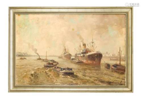 Delfgaauw, Gerardus Johannes. 1882 Monster - 1947 Rijswijk. Schiffe im Hafen mitSchleppern. Öl/Lwd.,
