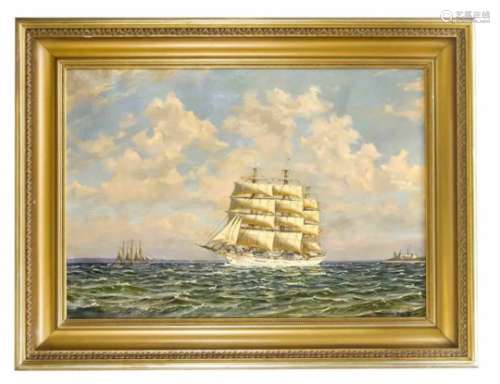 Bock, Christian. Wohl dänischer Maler des 20. Jh. Vollschiff auf See vor Kronborg.Öl/Lwd., u. re.