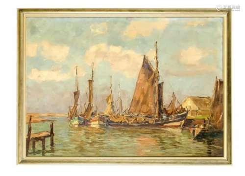 Wilke, Paul Ernst. 1894 Bremerhaven - 1971 Lilienthal. Fischerboote in einem Hafen,Öl/Hartfaser,