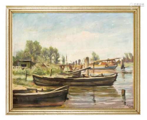 Matern, Hans Werner. 1906 Rostock - 1996 Lübeck. Fischerboote auf der Trave bei Gothmund,Öl/Lwd. (