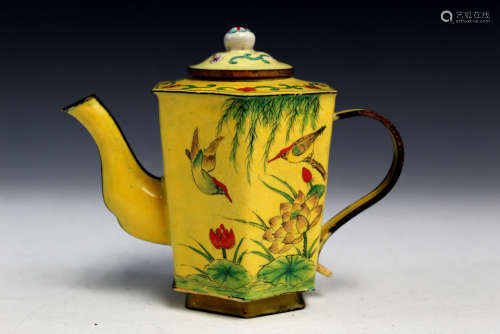 Chinese enamel on copper tea pot.