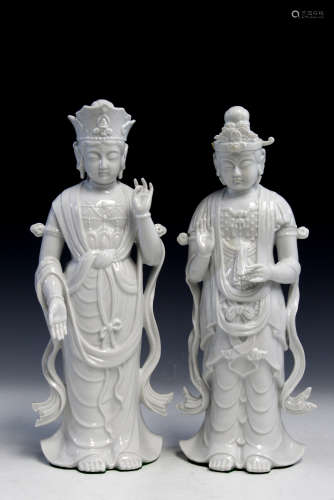 Two Chinese blanc de chine porcelain statues.