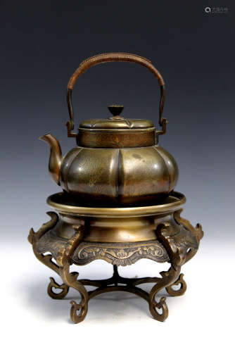 Antique Chinese bronze teapot on bronze stand.