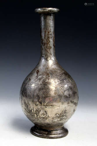 Antique silver vase, incised with birds and flowers,