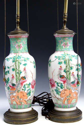 Pair of Chinese famille rose porcelain vases, made into