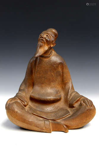 Chinese carved wood statue of a man, mark on the