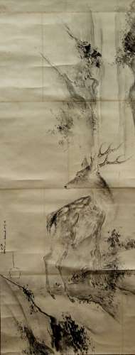 Deer, Japanese ink painting on paper scroll, signed.