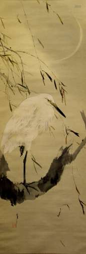 Bird, Japanese ink painting on silk scroll, signed.