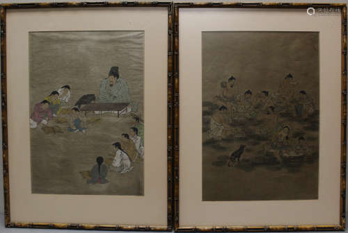 A set of two Korean paintings on paper. Framed.