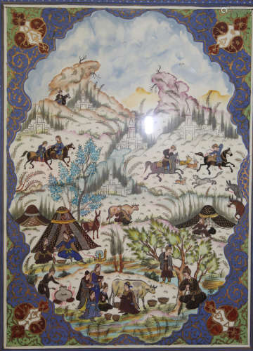 Persian water color painting on paper, framed.