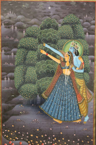 Framed Indian painting on cloth.