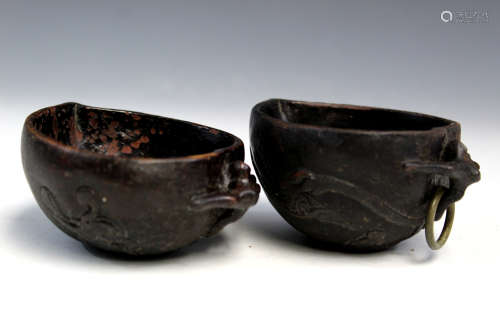 Two Chinese carved peach shaped lacquer brush washers.