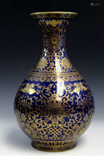 Chinese gilt powder blue porcelain vase, Qianlong mark.