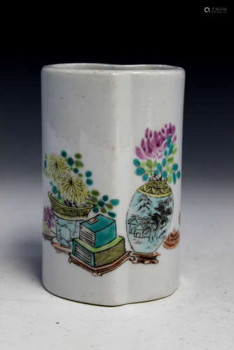 Chinese famille rose porcelain brush pot, mark on the