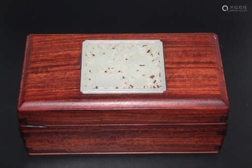 Chinese hard wood box with jade plaque inlaid.