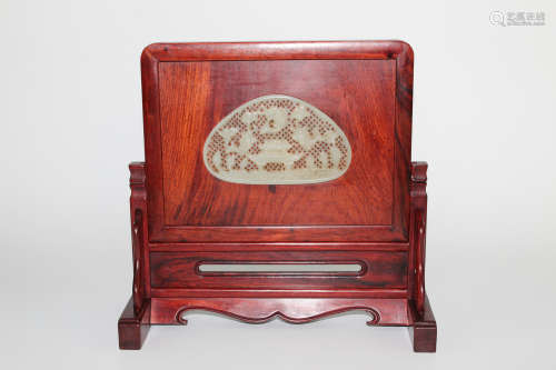 Chinese wood table screen with jade plaque.