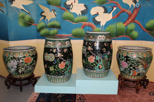 Pair of very rare large Chinese garden seats and fish