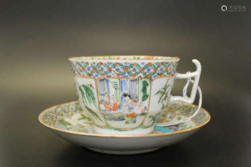 Chinese famille rose porcelain tea cup and saucer. 19th