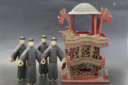 Chinese wood carving of ceremonial cart with four