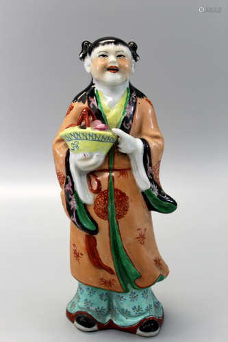 Chinese famille rose porcelain statue of a boy holding