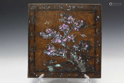 Japanese wood box with mother of pearl inlaid.