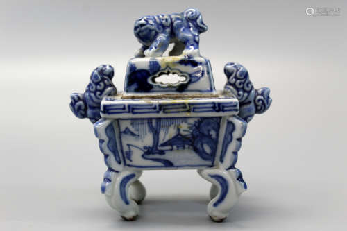 A Japanese blue and white incense burner.