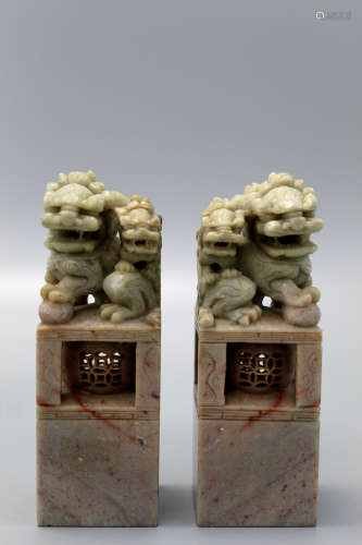 Two Chinese carved soapstone seals.