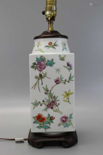 Chinese famille rose porcelain square vase lamp.
