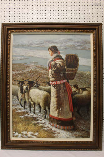 Tibetan shepherd and sheep, Shi Mo (Chinese)ï¼oil on