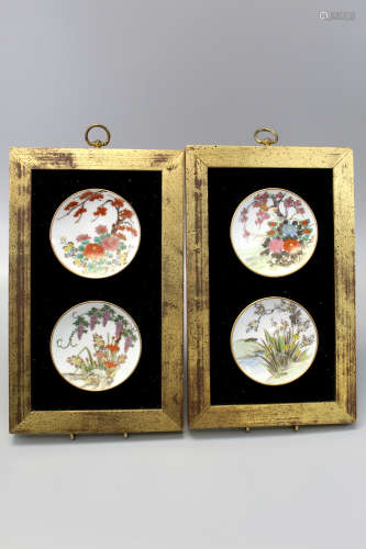 A set of 4 framed Japanese porcelain saucers.