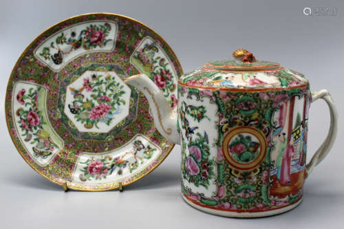 A rose medallion porcelain teapot and plate.