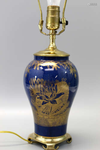 Gilted cobalt blue porcelain vase lamp.
