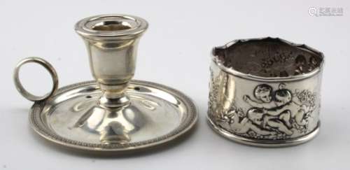 Egyptian silver candlestick with Egyptian hallmarks plus a small silver bottle-holder showing