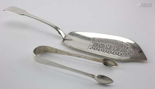 Georgian silver fish slice hallmarked WT (possibly) London, 1823 and a Georgian pair of Old