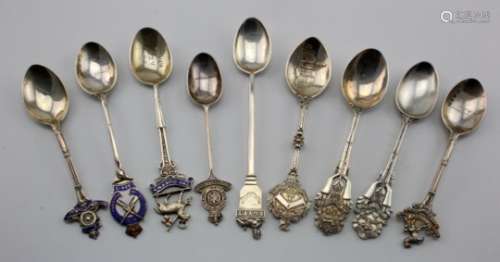 Military Tea Spoon collection (9) inc silver & enamelled Royal Artillery, silver & enamelled The