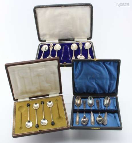 Mixed lot of boxed silver & silver plated flatware comprising four silver bean topped coffee spoons,