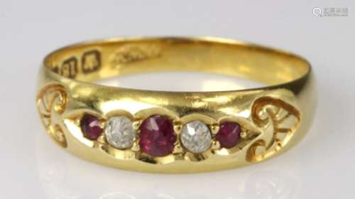 18ct ruby and diamond band ring, finger size N, weight 2.6g
