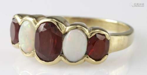 9ct opal and garnet five stone eternity style ring, finger size P, weight 3.3g