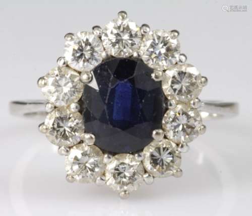 18ct white gold sapphire and diamond oval cluster ring, finger size L, weight 3.3g