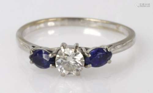 18ct white gold approx. 0.50ct diamond and sapphire three stone ring, finger size R, weight 2.6g